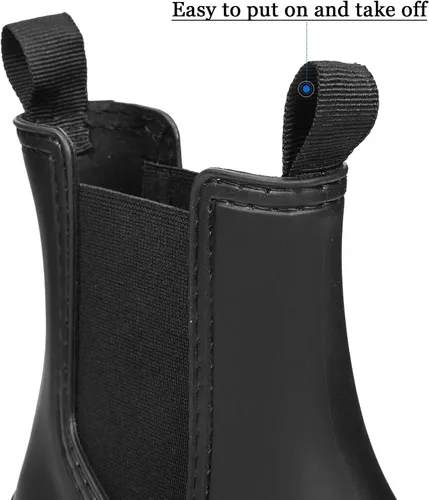 Miniatura 7 de DKSUKO Botas de lluvia cortas para mujer, botas de jardín impermeables de goma, botas elásticas sin cordones, botas Chelsea a la moda, zapatos