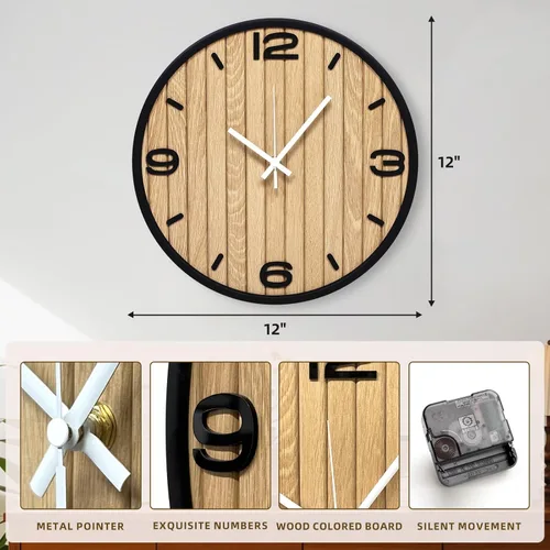 Miniatura 2 de Reloj de pared redondo de 12 pulgadas, funciona con pilas, relojes analógicos decorativos de madera de cuarzo sin tictac para apartamento, sala de A