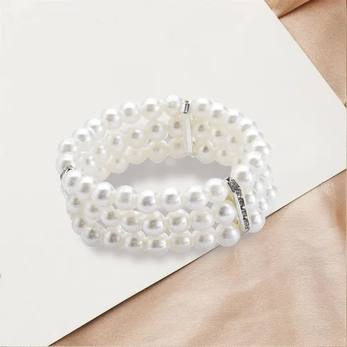 Miniatura 7 de Pulsera de perlas de imitación de 3 filas para mujeres y niñas, vintage, multicapa, con diamantes de imitación, pulsera elástica de perlas