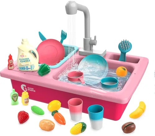 CUTE STONE - Juguetes de fregadero de cocina con cambio de color, lavavajillas eléctrico para niños con agua corriente, grifo real actualizado y