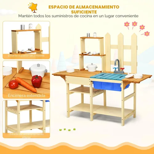 Miniatura 7 de HONEY JOY Juego de cocina de barro para niños, para interiores y exteriores, juguete de simulación de madera con fregadero extraíble, grifo