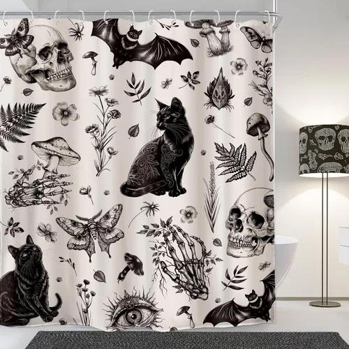 Cortina de ducha gótica con calavera, polilla negra, gato, murciélago, bruja, estilo gótico, vintage, hongos, flores, plantas, hojas, 60 pulgadas de