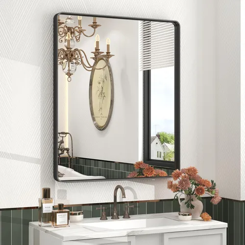 Miniatura 41 de Paquete de 2 espejos de baño con marco de metal negro de 22 x 30 pulgadas, espejo rectangular redondeado negro mate, antioxidante, se cuelga