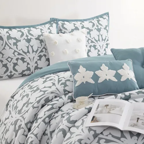 Miniatura 3 de Grand Avenue Juego de edredón azul de 7 piezas, juego de cama jacquard tamaño Queen, ropa de cama de hojas florales para todas las estaciones