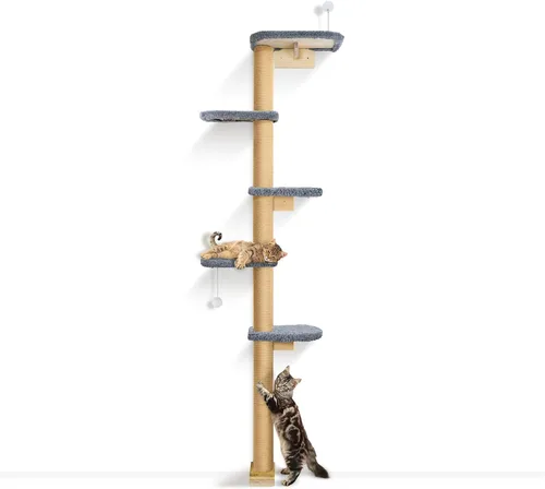Miniatura 9 de Estantes de pared para gatos para gatitos, árbol para gatos de piso a techo de 83 pulgadas con almohadillas de felpa grises, árbol de escalada