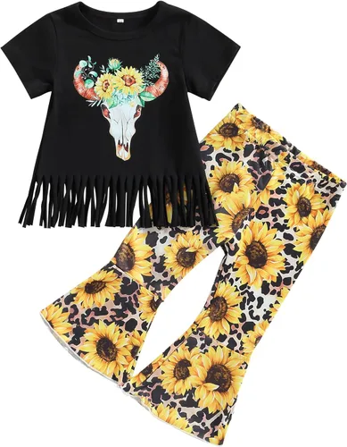 Miniatura 99 de fhutpw Conjunto de camiseta de manga corta con estampado de vaca y pantalones acampanados de dibujos animados para niñas