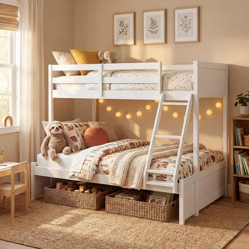 Miniatura 12 de KOMFOTT - Litera con tamaño doble sobre dos individuales, estructura de litera de madera con barandilla de longitud completa y escalera integrada