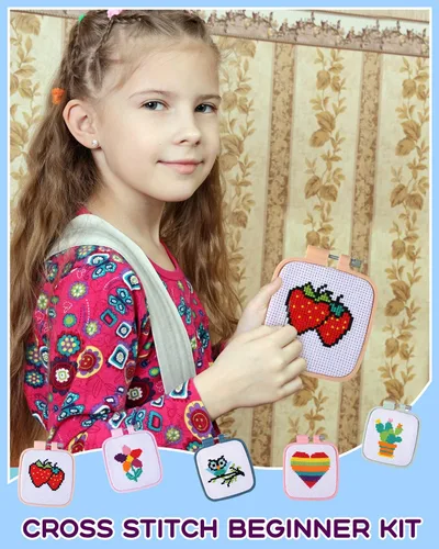 Miniatura 5 de Pllieay 5 kits de punto de cruz para principiantes para niños de 7 a 13 años, incluye 5 proyectos estampados y 5 aros de bordado cuadrados, 11