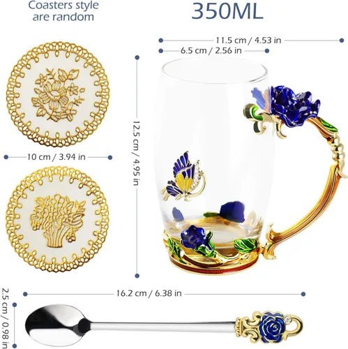 Miniatura 3 de WD&CD Tazas de café y té de vidrio con mariposas y rosas, con cuchara y posavasos, regalos para su novia, esposa, madre, mujeres en el día de San