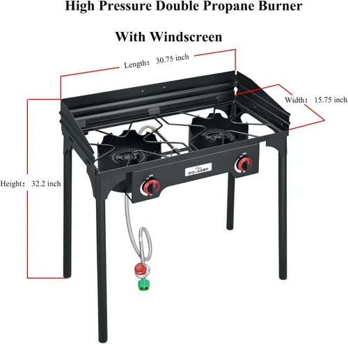 Miniatura 2 de COOKAMP Estufa de Camping Portátil de Alta Presión con Quemador Doble de Propano y Parabrisas con Regulador Ajustable de 0-20 PSI y Manguera