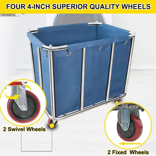 Miniatura 6 de Carrito de lavandería comercial con ruedas, carrito de lavandería grande de 11.35 bushel, cesta de lavandería comercial de acero inoxidable Azul