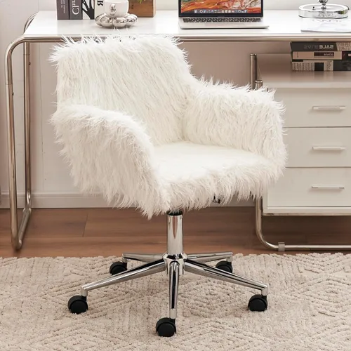Miniatura 19 de Silla de escritorio giratoria peluda, silla de oficina tapizada de tela de peluche blanca, silla de tocador con ruedas ajustable en altura