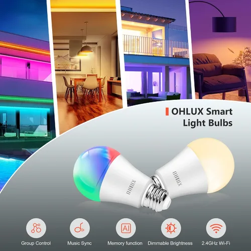 Miniatura 6 de OHLUX - Bombillas inteligentes WiFi y Bluetooth Alexa, 10 W (equivalente a 100 W), bombillas que cambian de color con sincronización de música