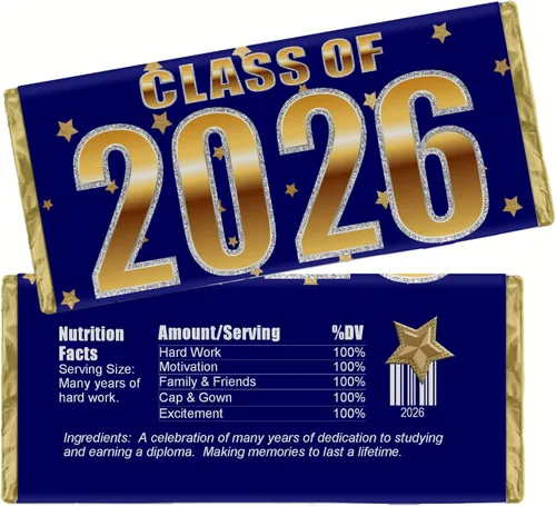 Envolturas de dulces de graduación, etiquetas de barra de chocolate, clase de 2025, recuerdos de fiesta de graduación, paquete de 20 (azul/dorado)
