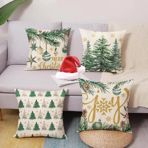 Miniatura 2 de Juego de 4 fundas de almohada decorativas de árbol de pino de Navidad de 18 x 18 pulgadas, bolas de alegría de Navidad, copos de nieve dorados