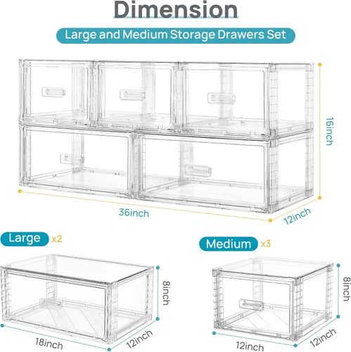 Miniatura 2 de Vtopmart - Juego de 5 organizadores de cajones apilables grandes y medianos, gabinete de almacenamiento de plástico transparente de fácil montaje