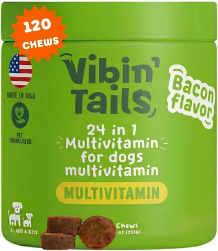 Vibin' Tails Multivitamínico 24 en 1 para perros, glucosamina, condroitina, soporte para cadera y articulaciones, probióticos y omega-3, piel y