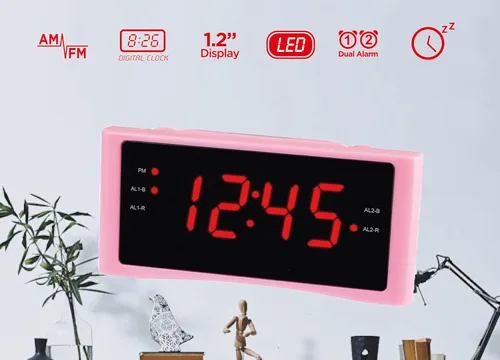 Miniatura 3 de HANNLOMAX Radio despertador HX-151CR, radio PLL AM/FM, alarma dual, pantalla LED roja de 1.2 pulgadas, solo operación de CA. (rosa)