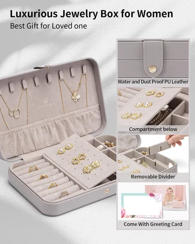 Miniatura 2 de Vlando Joyero de viaje para mujer, organizador portátil de piel sintética para viajes, almacenamiento para collares, aretes, anillos