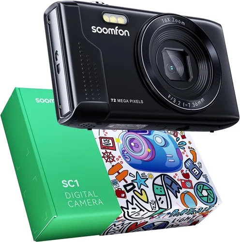 Cámara digital SOOMFON - Cámaras para niños Max 72MP de punto y disparo con zoom 16X, tarjeta TF de 32G, 2 baterías y lector de tarjetas, cámara