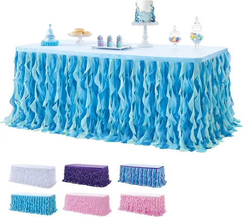 Miniatura 7 de Leegleri - Falda de mesa de tul con volantes de sauce rizado de 6 pies para mesas rectangulares o redondas, falda de mesa tutú azul océano bajo
