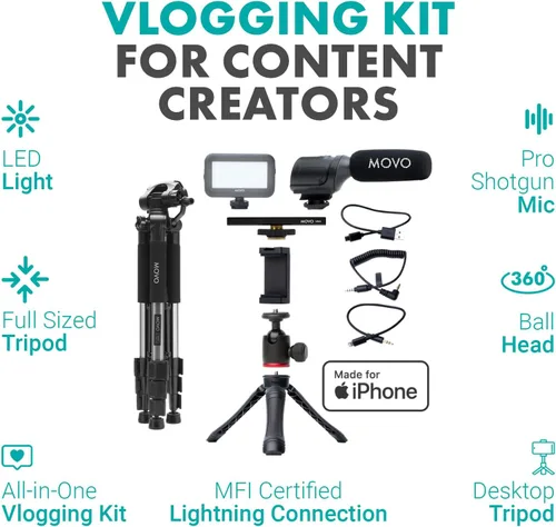Miniatura 2 de Movo iVlogger - Kit de vlogging para iPhone con trípode de tamaño completo – Kit de inicio de YouTube compatible con Lightning para creadores