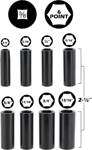 Miniatura 2 de Juego de dados de impacto de 3/8 SAE/pulgadas - Deep 3/8 pulgadas Drive Impact Socket Set 8 piezas de 6 puntos Cr-v con estuche Incluye tamaños