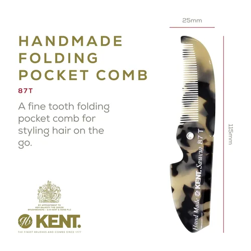 Miniatura 2 de Kent 87T TW - Peine de bolsillo plegable hecho a mano para hombres, peine alisador de cabello de dientes finos para arreglo y peinado diario