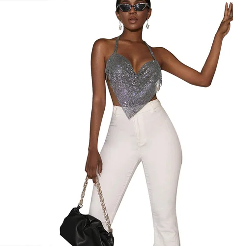 Miniatura 3 de RARITYUS Camiseta corta sexy con diamantes de imitación brillantes y sin espalda para mujer, cuello redondo, con cadena, camiseta sin mangas