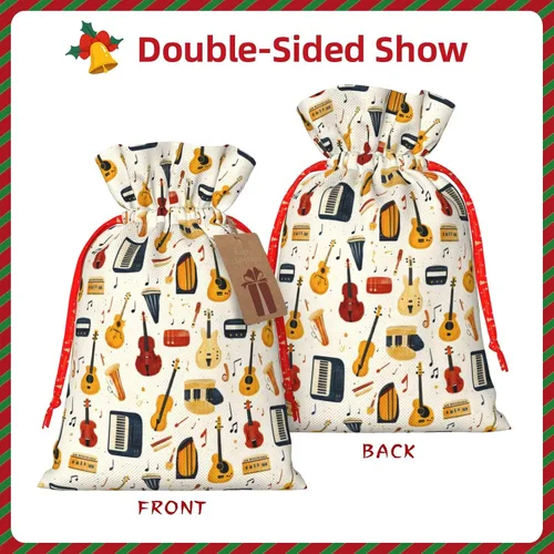 Miniatura 7 de Bolsas de regalo con estampado de instrumentos musicales retro, bolsas de regalo de Navidad reutilizables con cordón y etiqueta de regalo