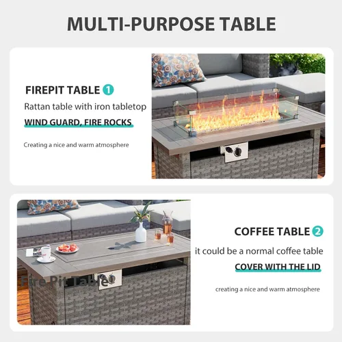 Miniatura 5 de Mesa para fogata de 44 pulgadas con protector contra el viento para exteriores, fogatas de gas propano de encendido automático, mesa rectangular