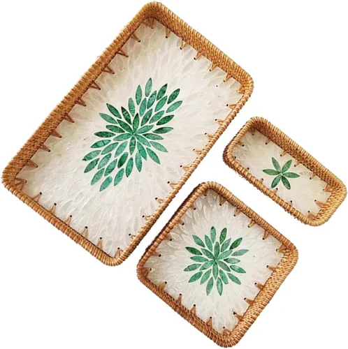 Miniatura 9 de i-lan Juego de 3 bandejas rectangulares de ratán y nácar azul de 15 pulgadas, bandejas tejidas de ratán natural, rectangulares bohemias, cestas