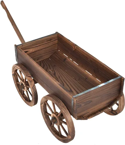 Miniatura 5 de HAPPYGRILL Carro de madera, soporte decorativo para macetas con 4 ruedas y agujeros de drenaje, maceta de carro al aire libre para patio, patio