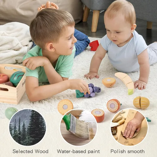 Miniatura 5 de Juego de 10 piezas de alimentos de madera de frutas para cocina de niños, juguetes de frutas de madera para cortar para niños pequeños y niños de 3