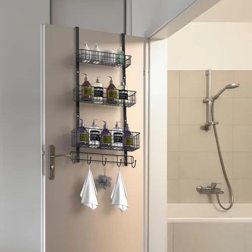 Miniatura 3 de YBING Organizador Sobre Puerta con Ganchos 3 Niveles Toallero Trasero Cestas de Metal Estantes de Almacenamiento Colgante para Dormitorio Baño Negro