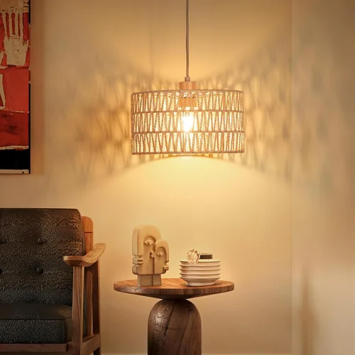 Miniatura 2 de Lámpara Colgante Enchufable de Ratán, Luces Colgantes Boho con Sombra Tejida de Papel y Tela 2 en 1, Bombilla Regulable de 3 Vías Incluida, Lámpara