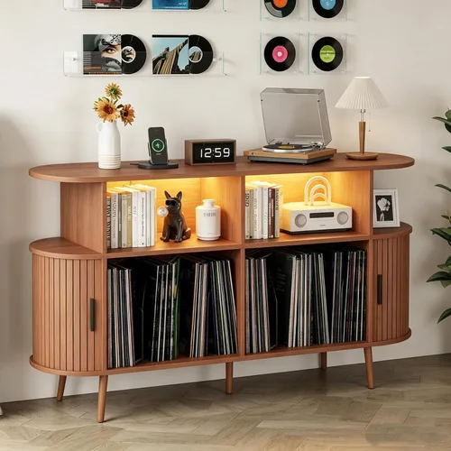 Miniatura 9 de Soporte para tocadiscos de 35.4 pulgadas con almacenamiento, gabinete de almacenamiento de discos de vinilo y consola multimedia con capacidad