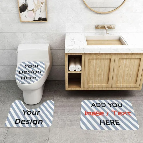 Miniatura 4 de Juego de alfombras de baño personalizadas de 3 piezas personalizadas, con imagen, texto, logotipo, contorno de inodoro, cubierta de tapa, tapete