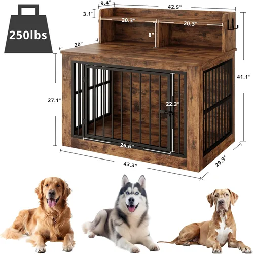 Miniatura 2 de IRONCK Mueble de jaula extragrande para perros, jaula de madera de 43.3 pulgadas con almacenamiento y 4 ganchos, jaula resistente para perros Marrón
