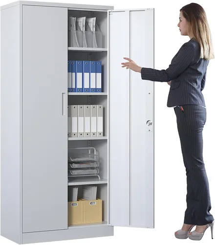 Armario de almacenamiento de metal con estantes ajustables, armario de herramientas de garaje con 2 puertas con cerradura para oficina, hogar, Blanco