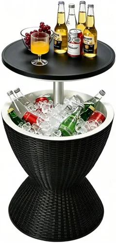 Tangkula Mesa de Bar para Exteriores, Mesa de Patio de Ratán con Enfriador de Cerveza y Vino de 8 Galones, Cubo de Hielo para Todo Clima con