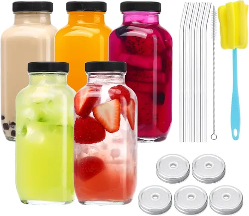 CUCUMI 5 botellas de jugo de vidrio de 16 onzas con tapas, recipientes reutilizables para jugo, tarros de agua con cepillo, popotes de vidrio, tapas
