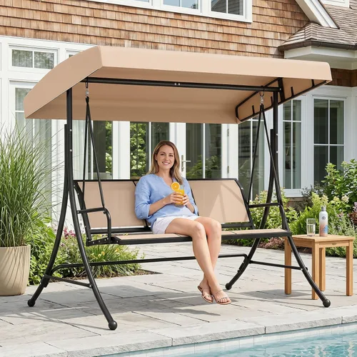 Miniatura 2 de Tangkula 3 Person Porch Swing, Patio Swing with Adjustable Canopy, Heavy-Duty Frame, Breathable Fabric, Outdoor Swing for Porch, Garden, Backyard