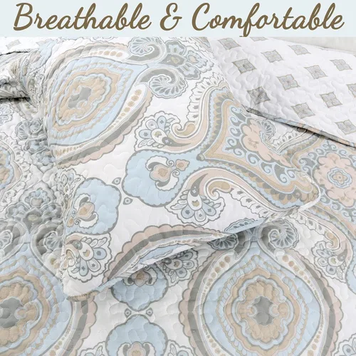 Miniatura 4 de Cozy Line Home Fashions Juego de ropa de cama reversible de majestad floral, gris topo, cubrecama ligero para todas las estaciones