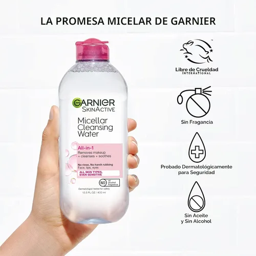 Miniatura 7 de Agua micelar limpiadora Garnier, desmaquillante todo en uno y limpiador facial, para todo tipo de piel, 3.4 onzas líquidas (100mL), 1 unidad