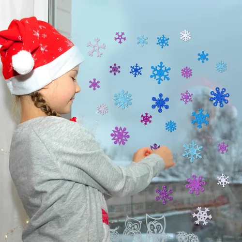 Miniatura 7 de Aneco 500 calcomanías de espuma con purpurina para copos de nieve autoadhesivos, calcomanías de nieve para decoración de Navidad e invierno