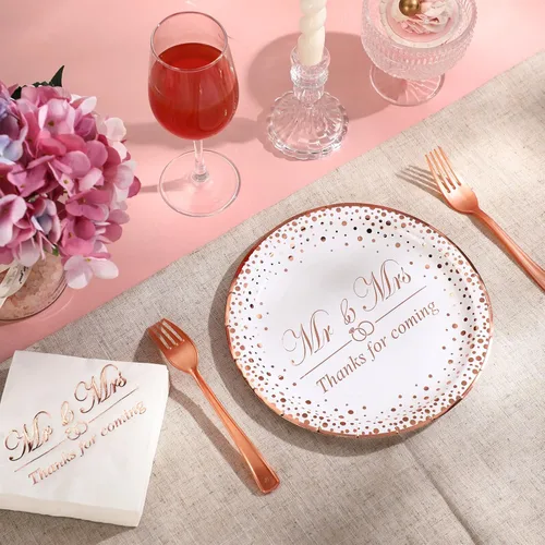 Miniatura 6 de 150 piezas de suministros de fiesta de oro rosa, servilletas, platos, tenedores, vajilla, vajilla desechable para despedida de soltera, boda
