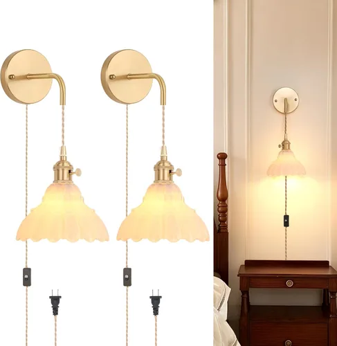 Miniatura 12 de Shenmoyl Aplique de Pared Vintage con Pantalla de Cristal con Patrón de Lirio de los Valles Verde, Cadena Ajustable, Luz de Pared Montada Retro