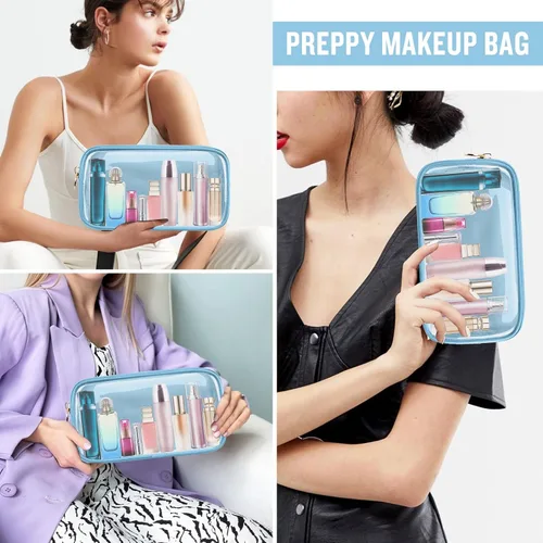 Miniatura 5 de izuzta Bolsa de maquillaje pequeña de nylon, linda bolsa de cosméticos mini, bolsa de mano preppy, bolsa con cremallera, Azul, Chico 2-Azul