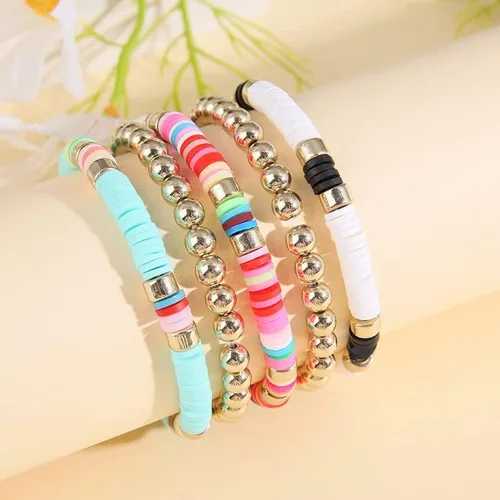 Miniatura 3 de Wonlte - Juego de pulseras de cuentas de arcilla Heishi, pulseras elásticas apilables con cuentas de mal de ojo, pulseras elásticas apilables
